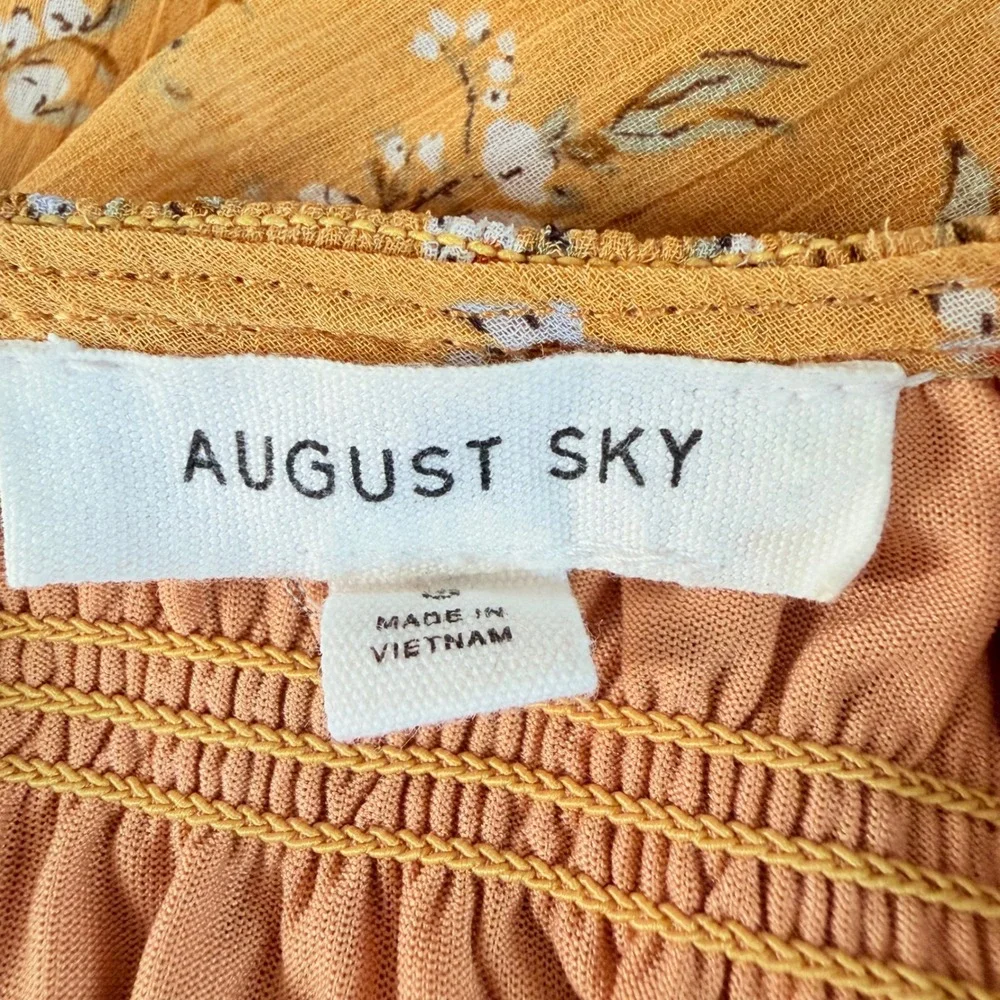 August Sky Mustard Yellow Floral Smocked Tiered Midi Dress Small Long Sleeve - Picture 7 of 13